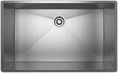 Brushed stainless steel rectangular single bowl kitchen sink with centered drain opening, viewed from above.