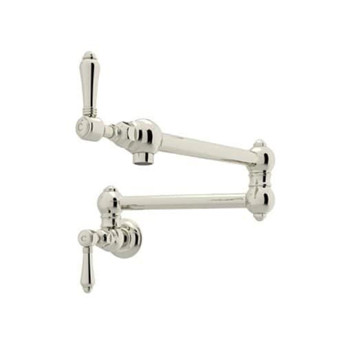 Polished nickel pot filler with dual articulating arms and lever handle mounted on wall.