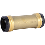 Brass slip coupling fitting with black push-to-connect ends and "SLIP END" marking on cylindrical body.
