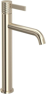 Tall satin nickel single-handle lavatory faucet with textured knurled handle and curved spout.