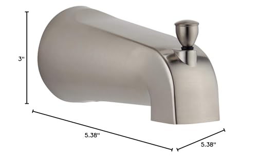 Brushed nickel tub spout with pull-up diverter and curved spout, 3 inches tall and 5.38 inches wide.