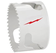 White cylindrical bi-metal hole saw with serrated cutting edges and red lightning bolt logo on side.