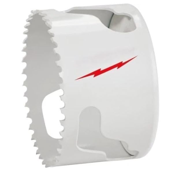 White cylindrical bi-metal hole saw with serrated cutting edges and red lightning bolt logo on side.