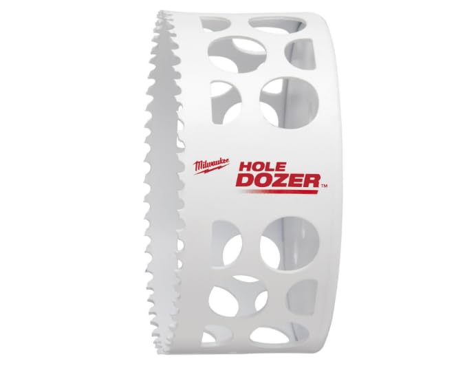 White bi-metal hole saw with serrated cutting edge and Milwaukee HOLE DOZER branding.