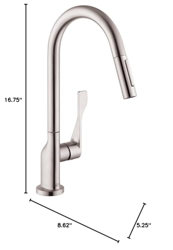 Steel Optic high-arc kitchen faucet with pull-down spray head and single lever handle, 16.75 inches tall.