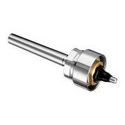 Chrome flush handle assembly with cylindrical shaft and brass-colored valve component at base.