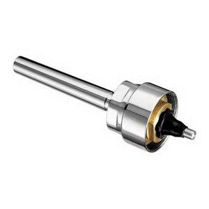 Chrome flush handle assembly with cylindrical shaft and brass-colored valve component at base.