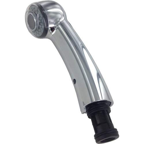 Chrome showerhead wand assembly with adjustable spray settings and black grip collar.