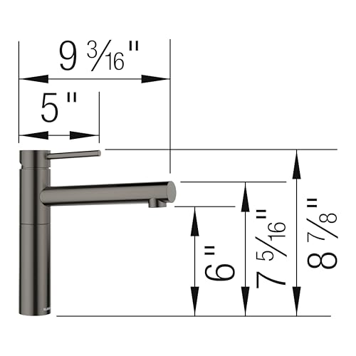 Satin dark steel bar-style faucet with pull-down spout and measurements showing 9 3/16" width and 8 7/8" height.