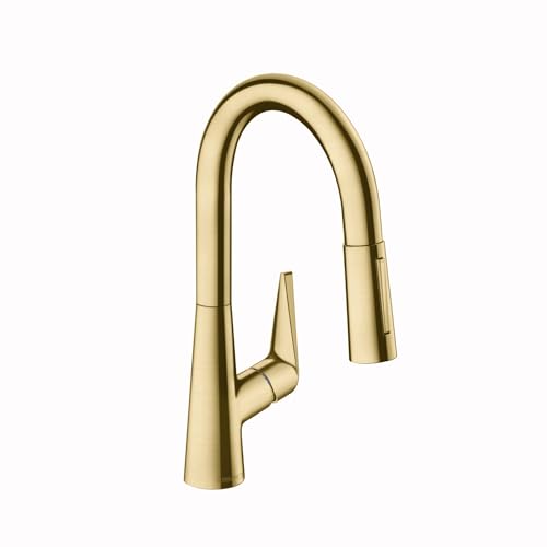 Brushed gold pull-down kitchen faucet with high arched spout and single side lever handle.