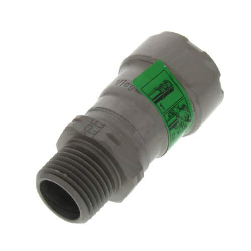 Silver metal press adapter with green band and male threaded end.