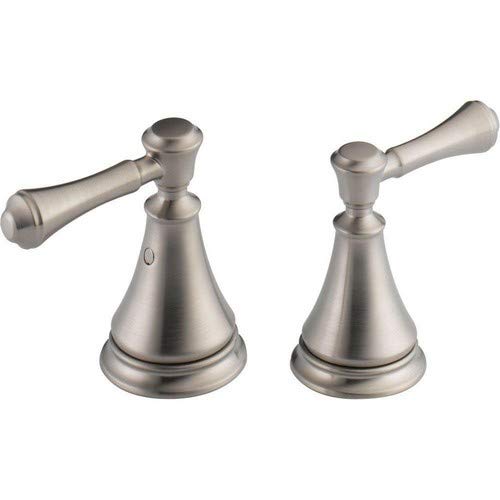 Pair of stainless steel deck mount faucet handles with tapered cone bases and lever arms.