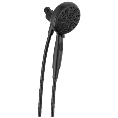 Matte black hand shower with circular spray head, grip handle, and attached flexible hose with control button.