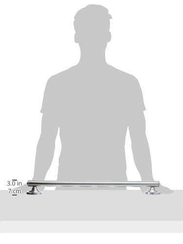 Chrome grab bar with mounting brackets displayed against a human silhouette for scale reference.