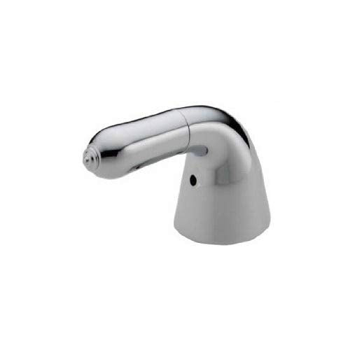 Chrome metal lever handle for Roman tub faucet with curved spout and white ceramic base.