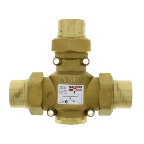 Brass anticondensing valve with 1-1/4" sweat connections, top outlet port, and mounting holes on sides.