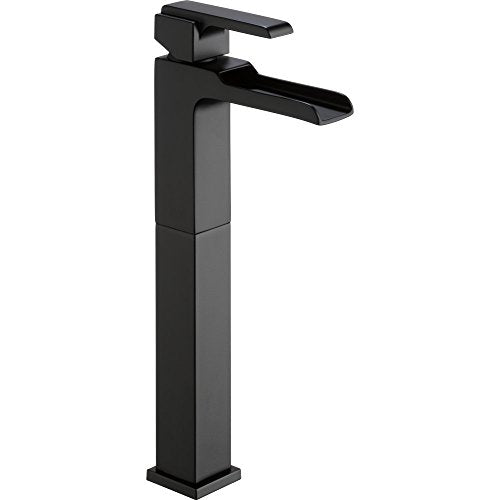 Black single-handle vessel faucet with tall square spout and lever handle.