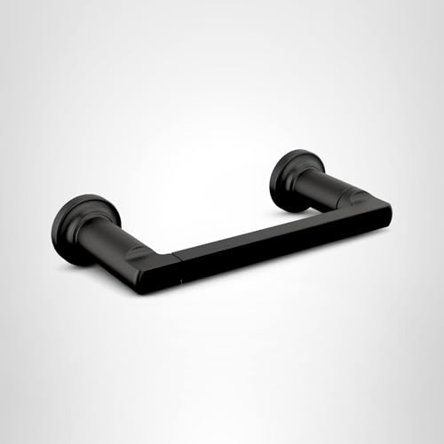 Matte black tissue holder with cylindrical end caps and horizontal bar for wall mounting.