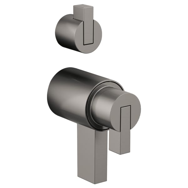 Brushed nickel thermostatic valve with rectangular lever handles and diverter control, shown in two angles.