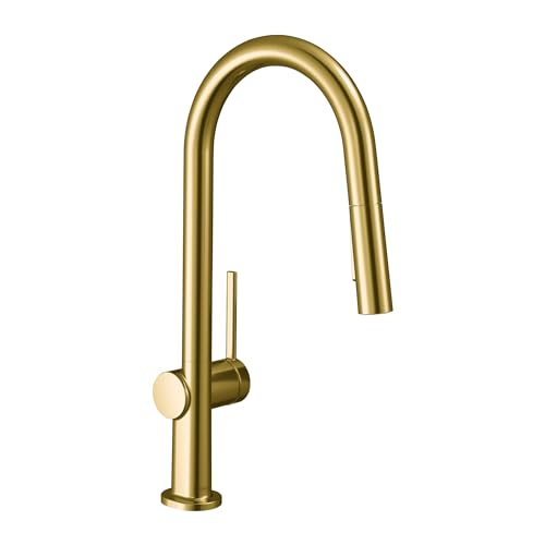 Brushed gold high-arc kitchen faucet with pull-down sprayer and single lever handle.