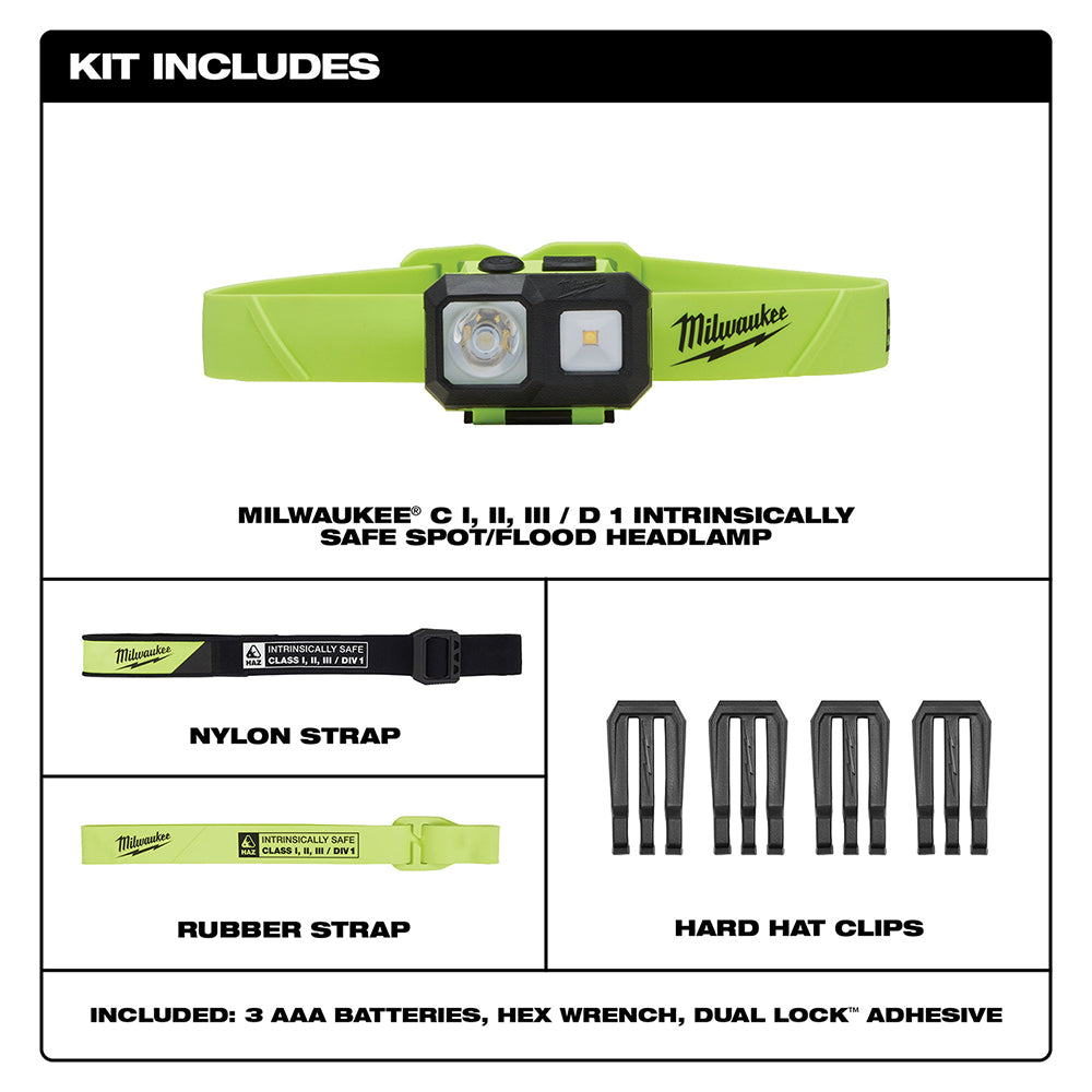 Milwaukee intrinsically safe headlamp with dual spot and flood lights, nylon strap, rubber strap, and hard hat clips included