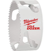 White Milwaukee HOLE DOZER bi-metal hole saw with serrated edges and two handle cutouts.