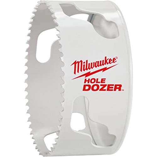 White Milwaukee HOLE DOZER bi-metal hole saw with serrated edges and two handle cutouts.