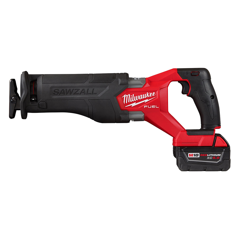 Milwaukee M18 FUEL reciprocating saw with red and black housing, attached battery, and blade visible on left side.