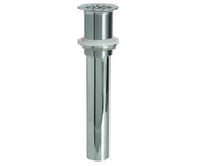 Polished chrome lavatory grid drain with 20 holes, 6-inch brass tailpiece without overflow.