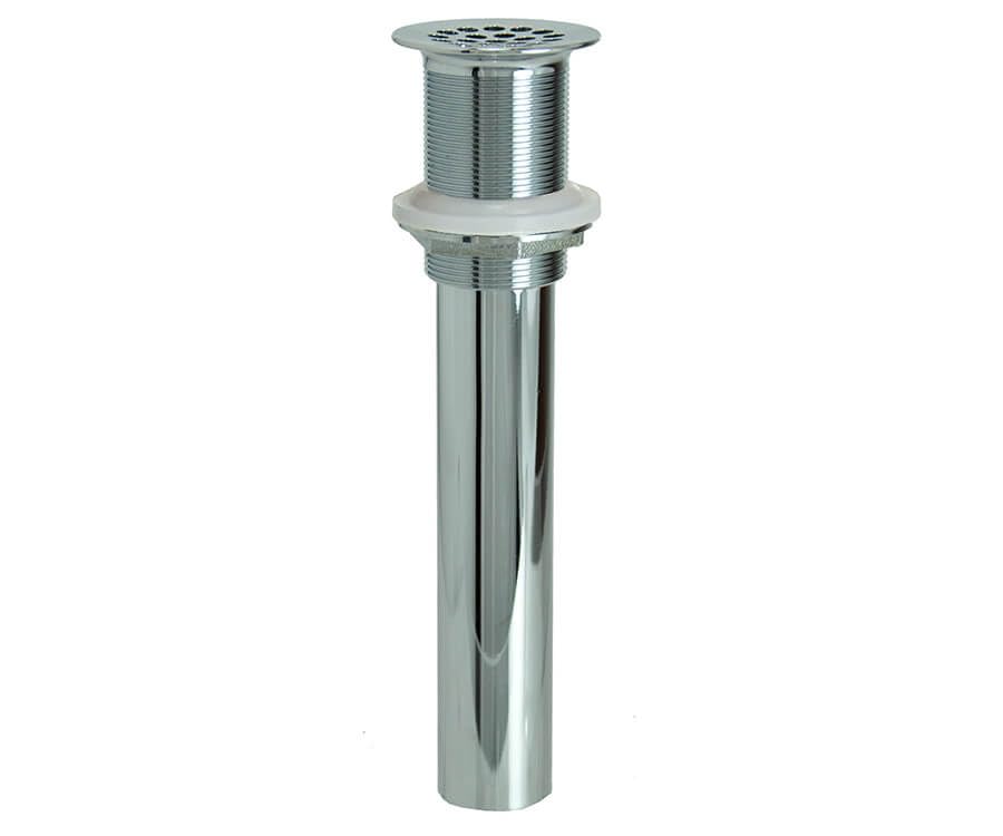 Polished chrome lavatory grid drain with 20 holes, 6-inch brass tailpiece without overflow.