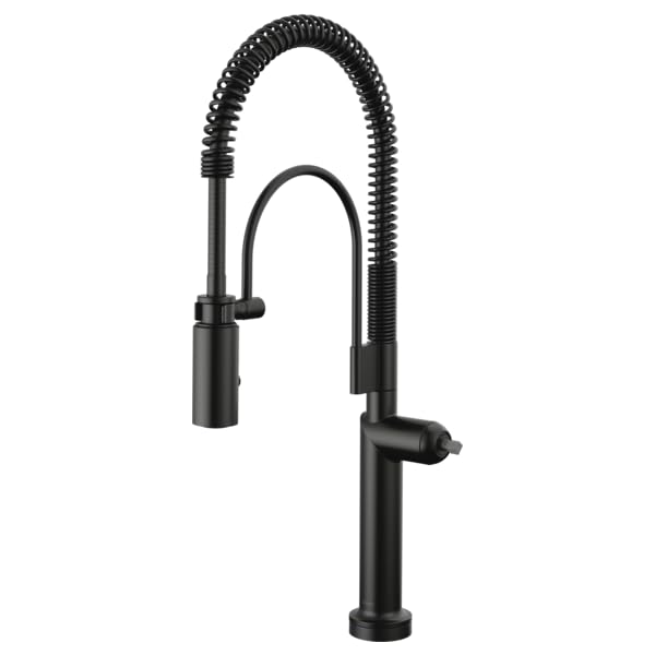 Black semi-professional kitchen faucet with coiled spray hose and cylindrical body.