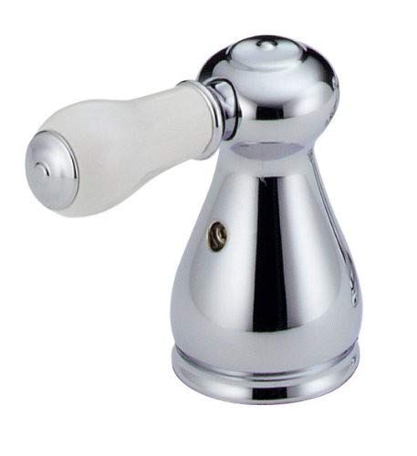 Chrome faucet handle set with white porcelain lever and spherical knob on tapered base.