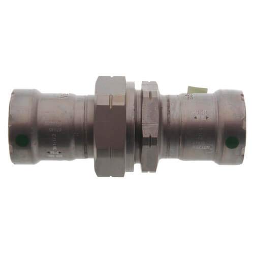 Viega MegaPress 1" press union connector with zinc-nickel coated carbon steel body and coupling nuts.