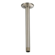 Brushed nickel ceiling-mounted shower arm with round flange, 10 inches long.