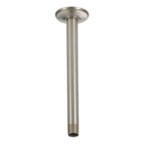 Brushed nickel ceiling-mounted shower arm with round flange, 10 inches long.
