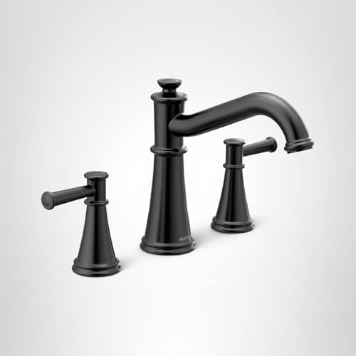 Matte black two-handle deck mount roman tub faucet with curved spout and cone-shaped handles.