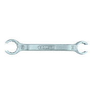 Silver metal double-ended wrench with open circles at each end and text markings on the handle.