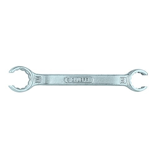 Silver metal double-ended wrench with open circles at each end and text markings on the handle.