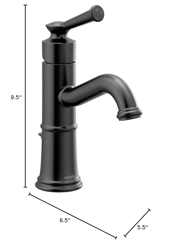 Matte black single-handle bathroom sink faucet with curved spout and cylindrical body, 9.5 inches tall.