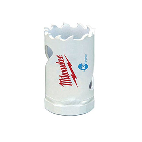 Milwaukee bi-metal hole saw with serrated cutting edges and Milwaukee branding on white cylindrical body.