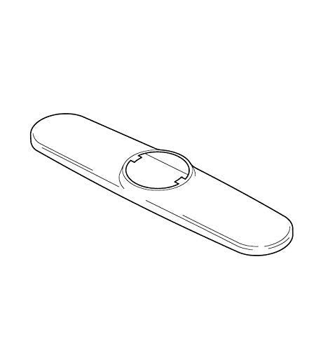 Stainless steel escutcheon plate with rounded edges and circular hole opening for kitchen faucet installation.