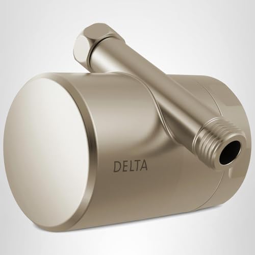 Brushed nickel cylindrical shower filter attachment with inlet port and control lever.
