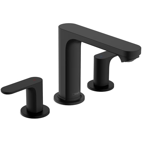 Matte black three-piece widespread bathroom faucet with high curved spout and two lever handles on circular bases.