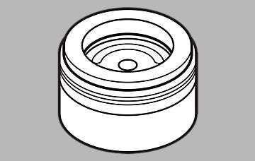 Stainless steel faucet aerator with threaded ridged bands and central opening.
