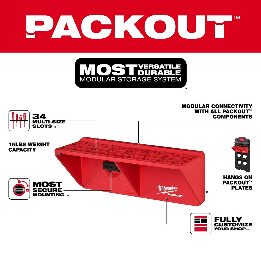 Red Milwaukee PACKOUT screwdriver rack with 34 multi-size slots and mounting features on white background.