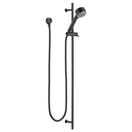 Black multi-function hand shower with slide bar, hose, and wall mount bracket included.