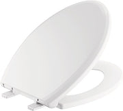 White elongated toilet seat with slow-close mechanism and hinge hardware.