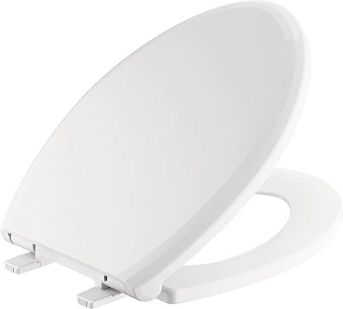 White elongated toilet seat with slow-close mechanism and hinge hardware.