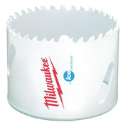 White cylindrical bi-metal hole saw with serrated cutting edge and Milwaukee branding on side.
