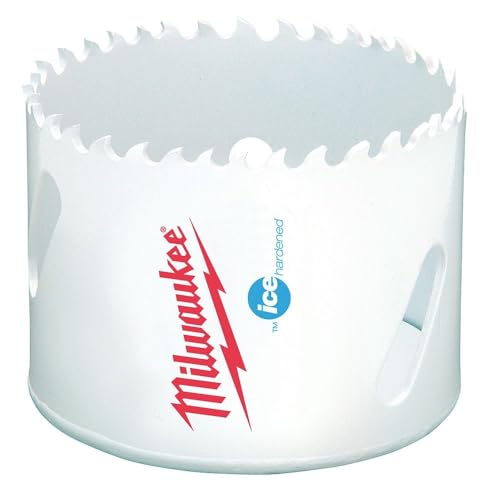 White cylindrical bi-metal hole saw with serrated cutting edge and Milwaukee branding on side.